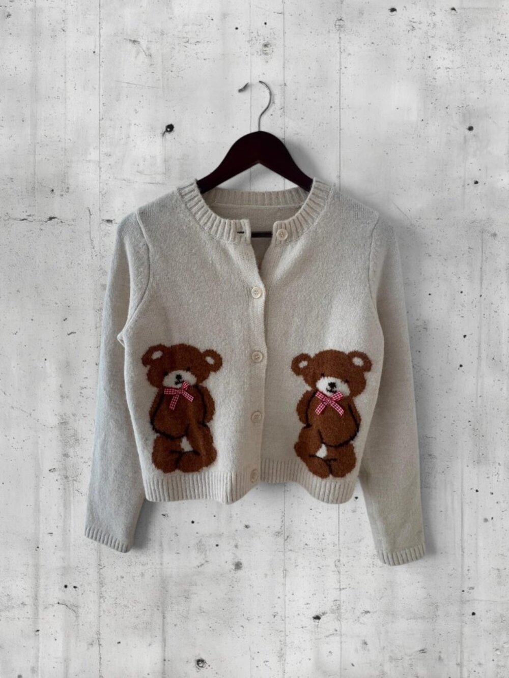 Teddy Bear Cardigan Cream Knit Cropped Button Up Size Small